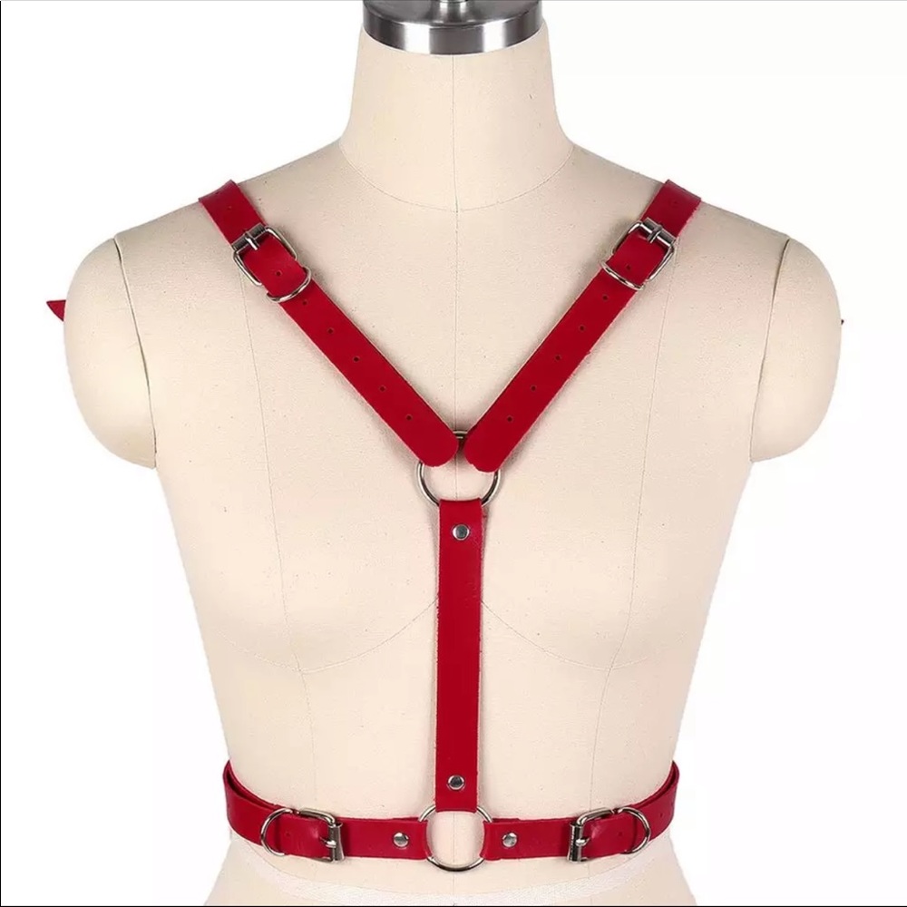 Red Leather Wings Harness Chest Suspenders - Picture 4 of 5